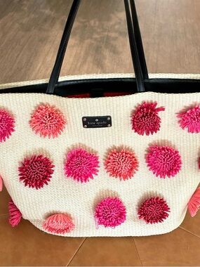 kate spade New York Cream Tote with Pink Pom Pom Accents